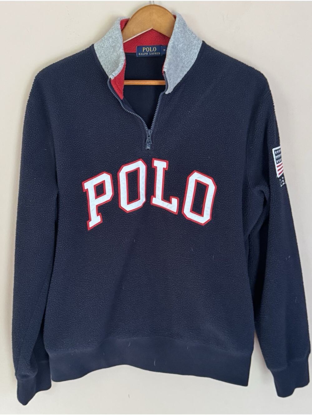 Polo Ralph Lauren Spellout Fleece 1/4 Zip Sweatshirt Navy USA Flag Patch M